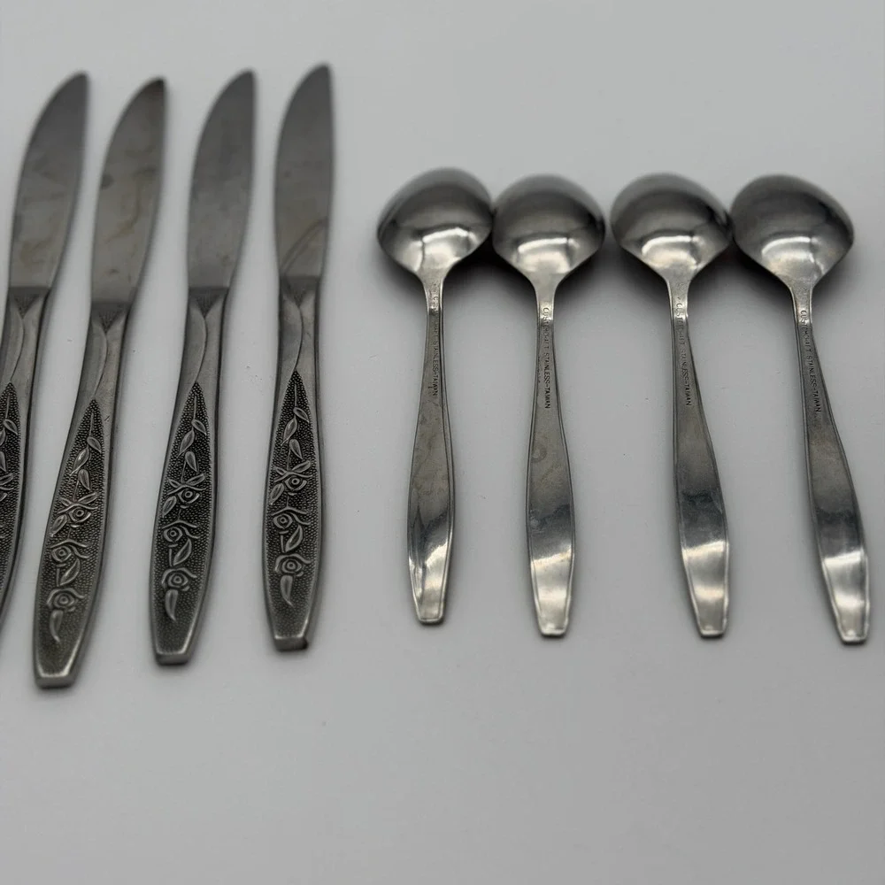 Customcraft Stainless Taiwan Rose Floral Flatware 8pc Set 4 Knives 4 Spoons MCM
